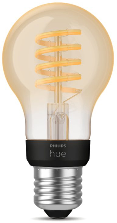 Light bulb with a spiral filament. The bulb is yellow. Black base.