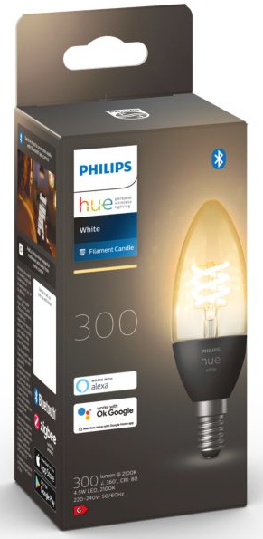 Philips Hue smart bulb. Packaging shows bulb and features: Bluetooth, Alexa, Google.