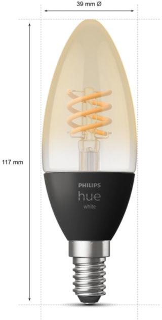 Philips Hue white candle bulb. The bulb is yellow and black with dimensions shown.