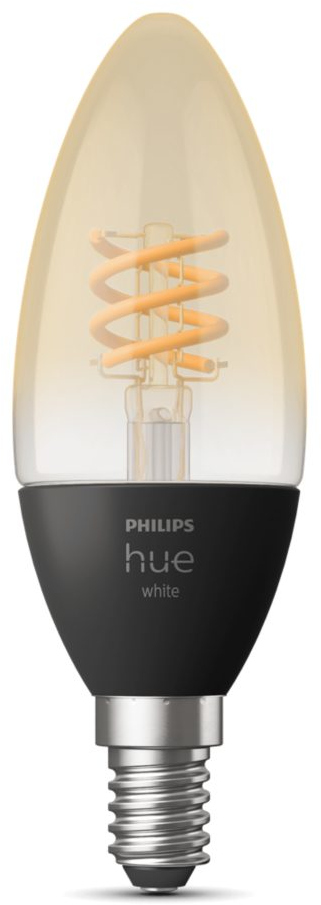 A Philips Hue candle bulb with a spiral filament, black base, and silver screw.