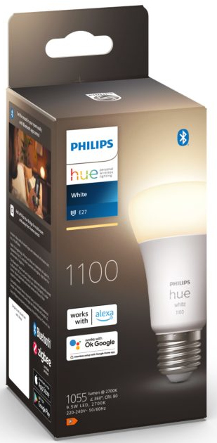 A Philips Hue white E27 light bulb box. The box is white and has product details.