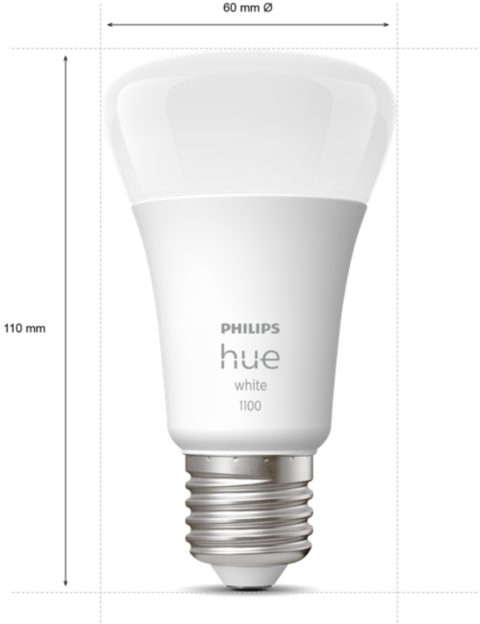 White Philips Hue LED light bulb with dimensions shown. It has a silver base and a white, rounded top.