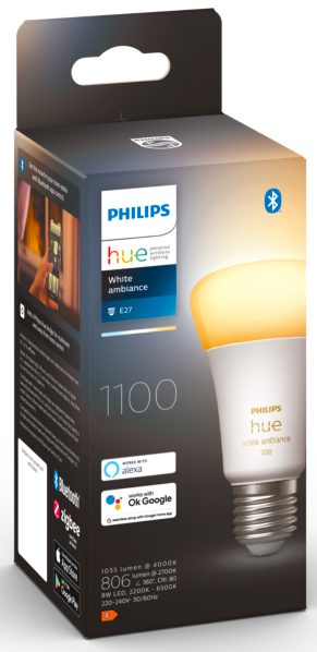A box with a Philips Hue lightbulb, showing the product and features, white and orange color.
