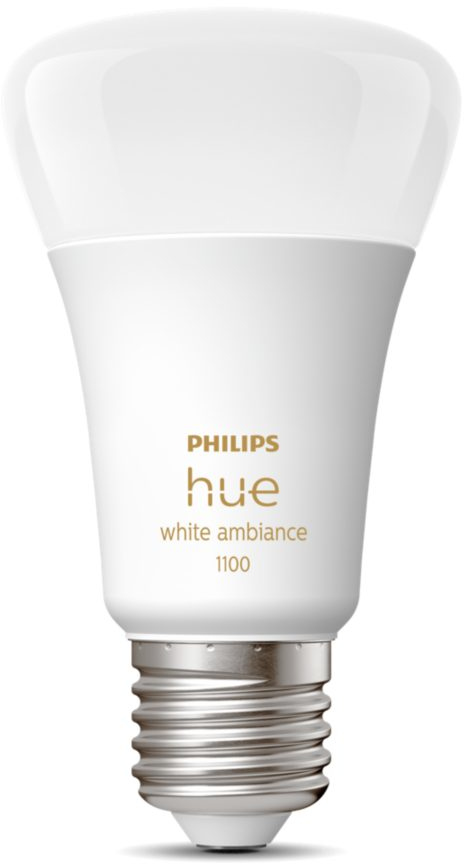 Philips Hue white ambiance light bulb. The bulb has a silver base and the Hue logo.