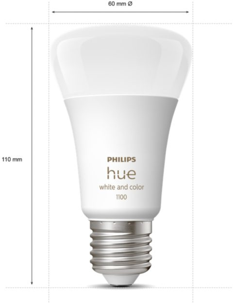 Philips Hue 1100 LED light bulb, white and color, with dimensions.