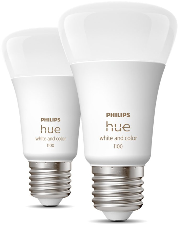 Two Philips Hue white and color smart light bulbs, with the brand name visible.