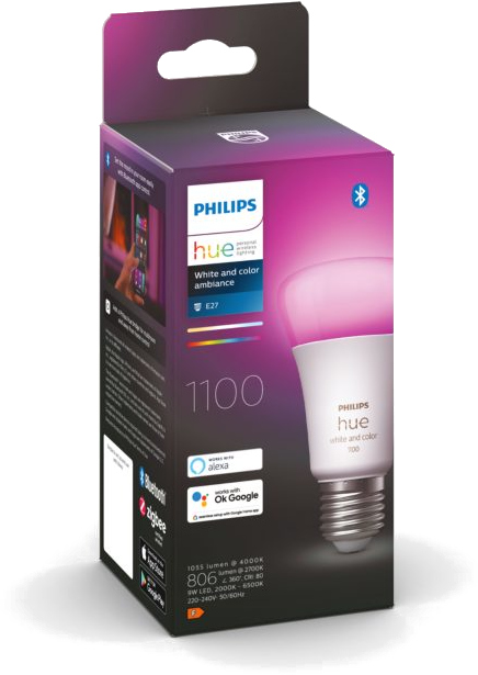 A Philips Hue box with a lightbulb. The box shows a lightbulb with pink light and has text on it.