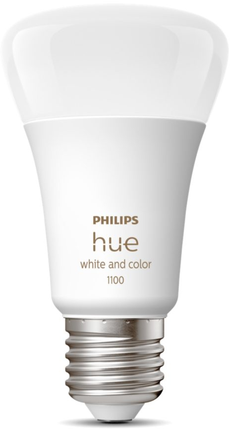 White Philips Hue smart light bulb. It has the Philips Hue logo and text.