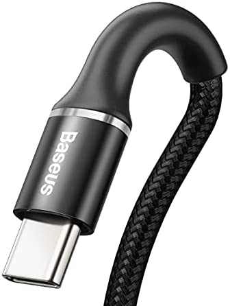 Metal bir konektöre sahip siyah Baseus USB-C kablosu, beyaz bir arka plan üzerinde yakın çekim.