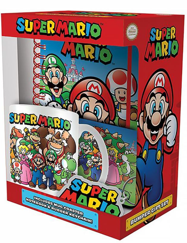 Super Mario Geschenkset in roter Box. Enthält Notizbuch, Becher, Untersetzer und Schlüsselanhänger.