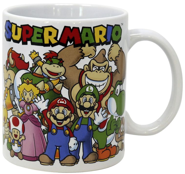 Tasse mit Super Mario-Charakteren, darunter Mario und Luigi.