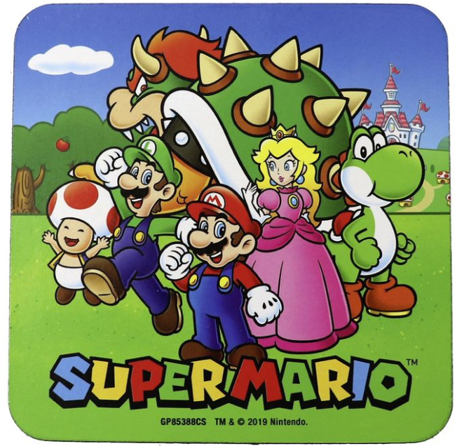 Ein Untersetzer mit Super Mario-Charakteren: Mario, Luigi, Peach, Yoshi und Toad.