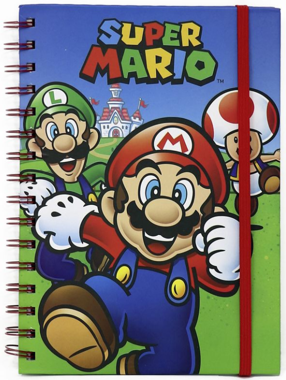 Super Mario Notizbuch-Cover mit Mario, Luigi und Toad. Rotes Gummiband.