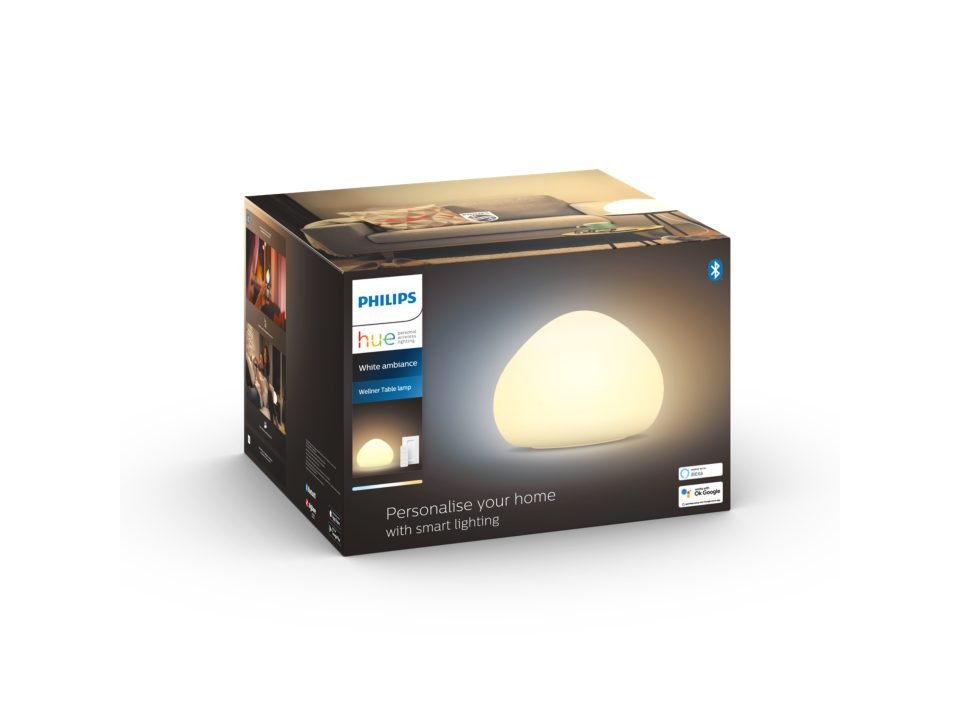 Philips Hue masa lambasının kutusu. Lambayı ve özelliklerini beyaz bir arka planla gösterir.