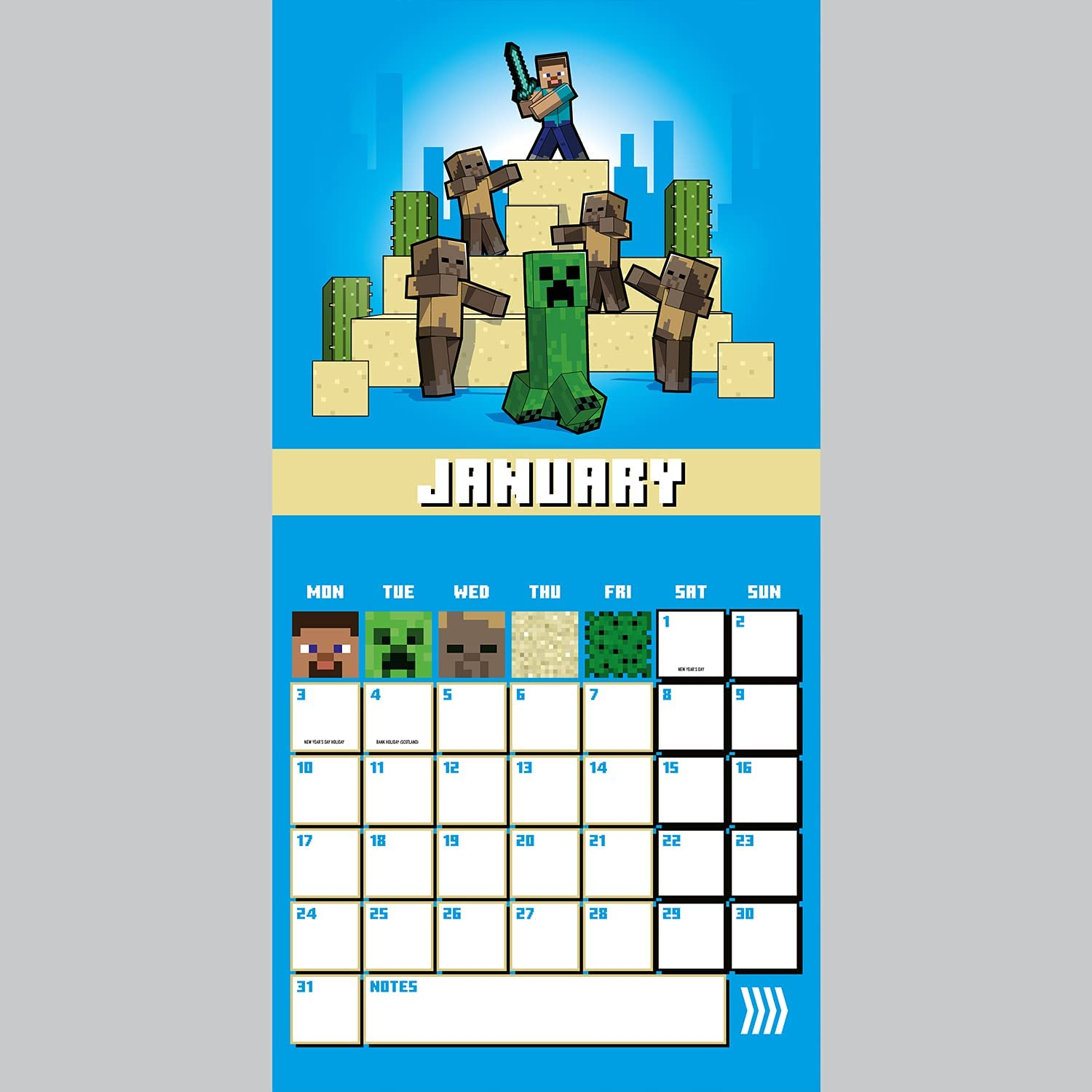Una página de calendario de Minecraft para enero, con personajes pixelados y un diseño de calendario.