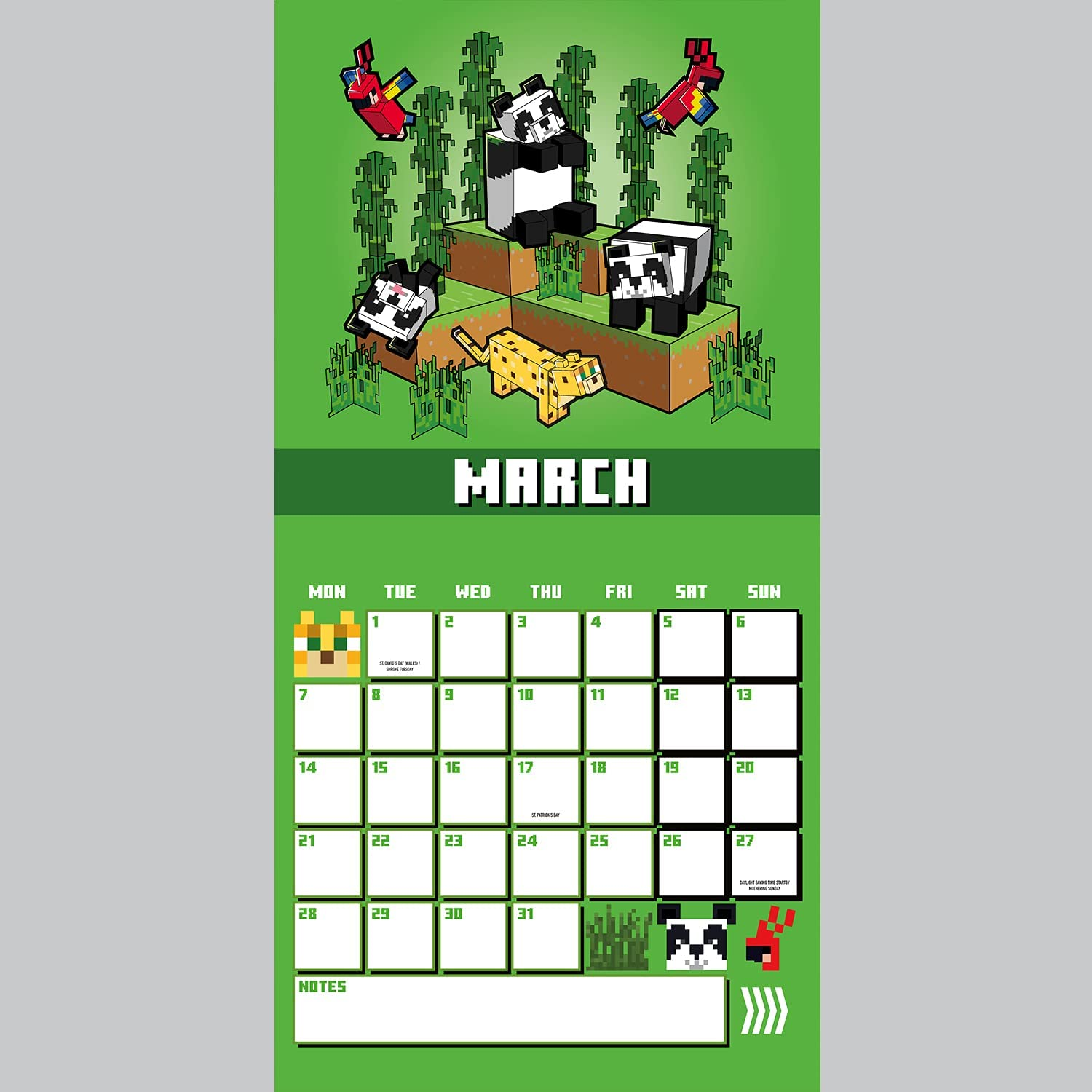 Calendario de Minecraft para marzo. Con pandas, loros y un guepardo sobre un fondo verde cuadriculado.