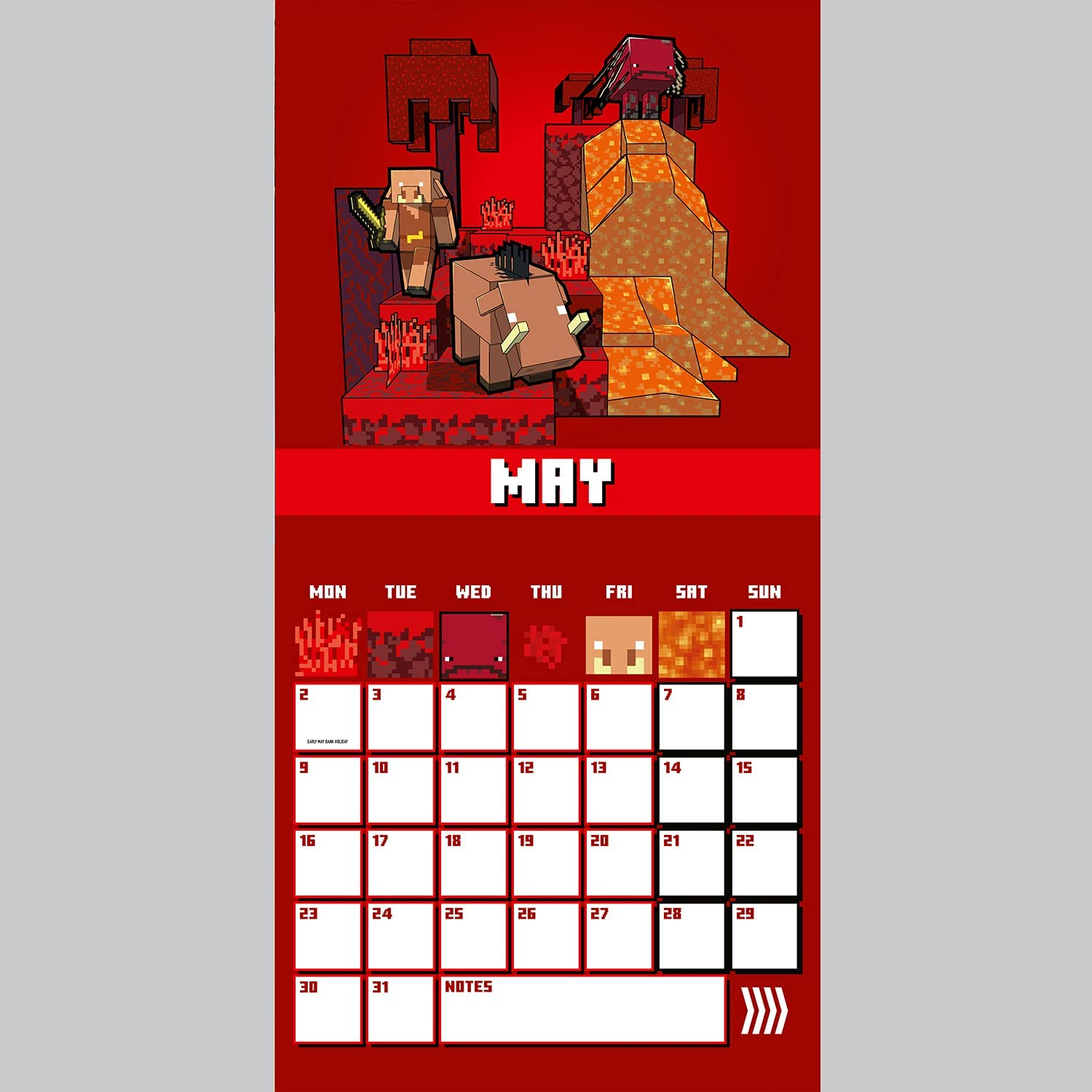 Página de calendario de mayo con personajes de Minecraft y fondo rojo.
