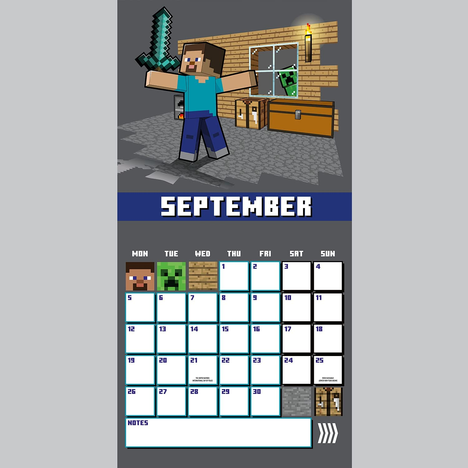 Página de calendario con temática de Minecraft para septiembre con personajes pixelados.