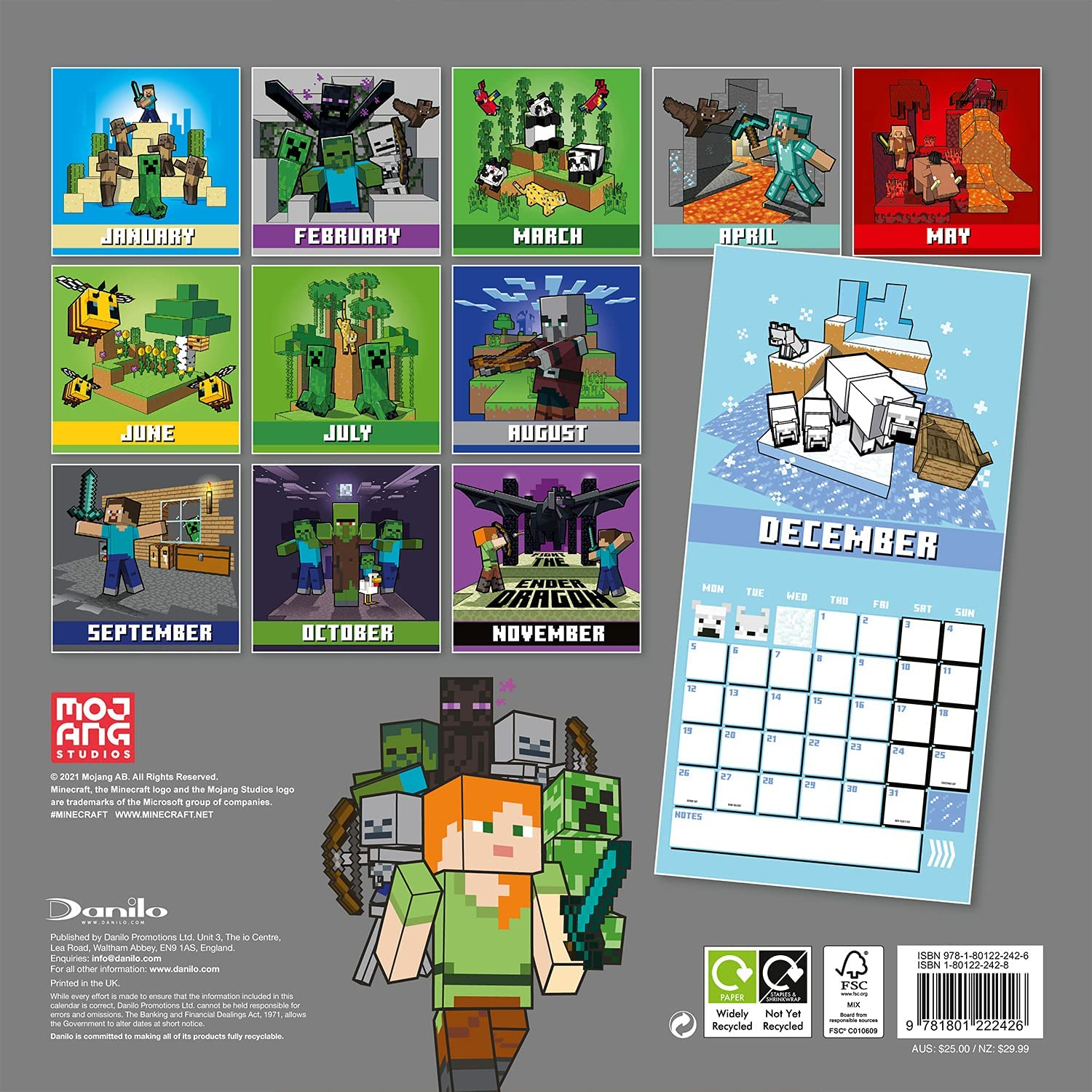Calendario de Minecraft con varias escenas y personajes del juego. Doce meses mostrados. Fondo blanco.