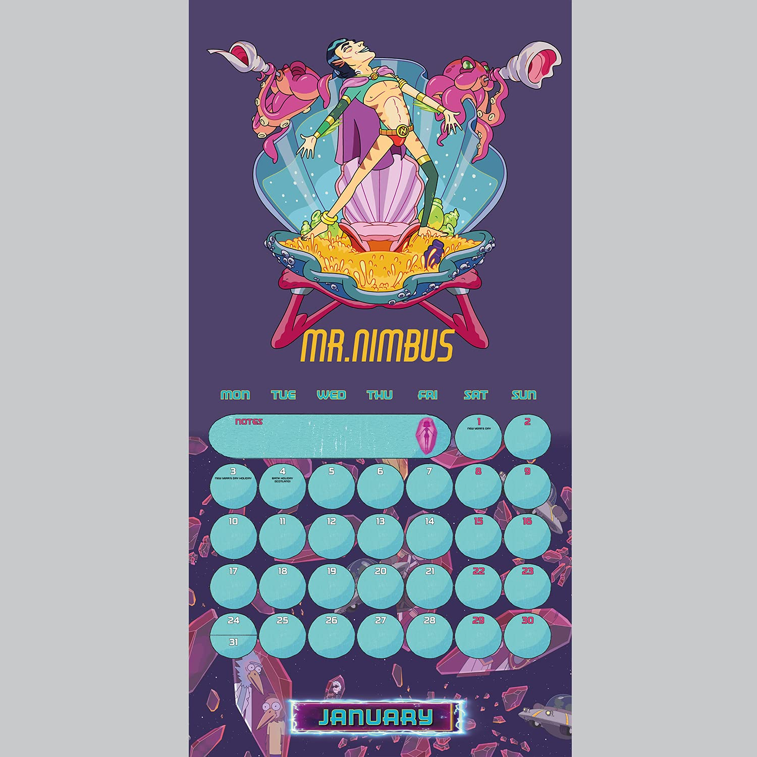 Una página de calendario colorida con Mr. Nimbus, con un personaje de dibujos animados y un diseño de calendario.