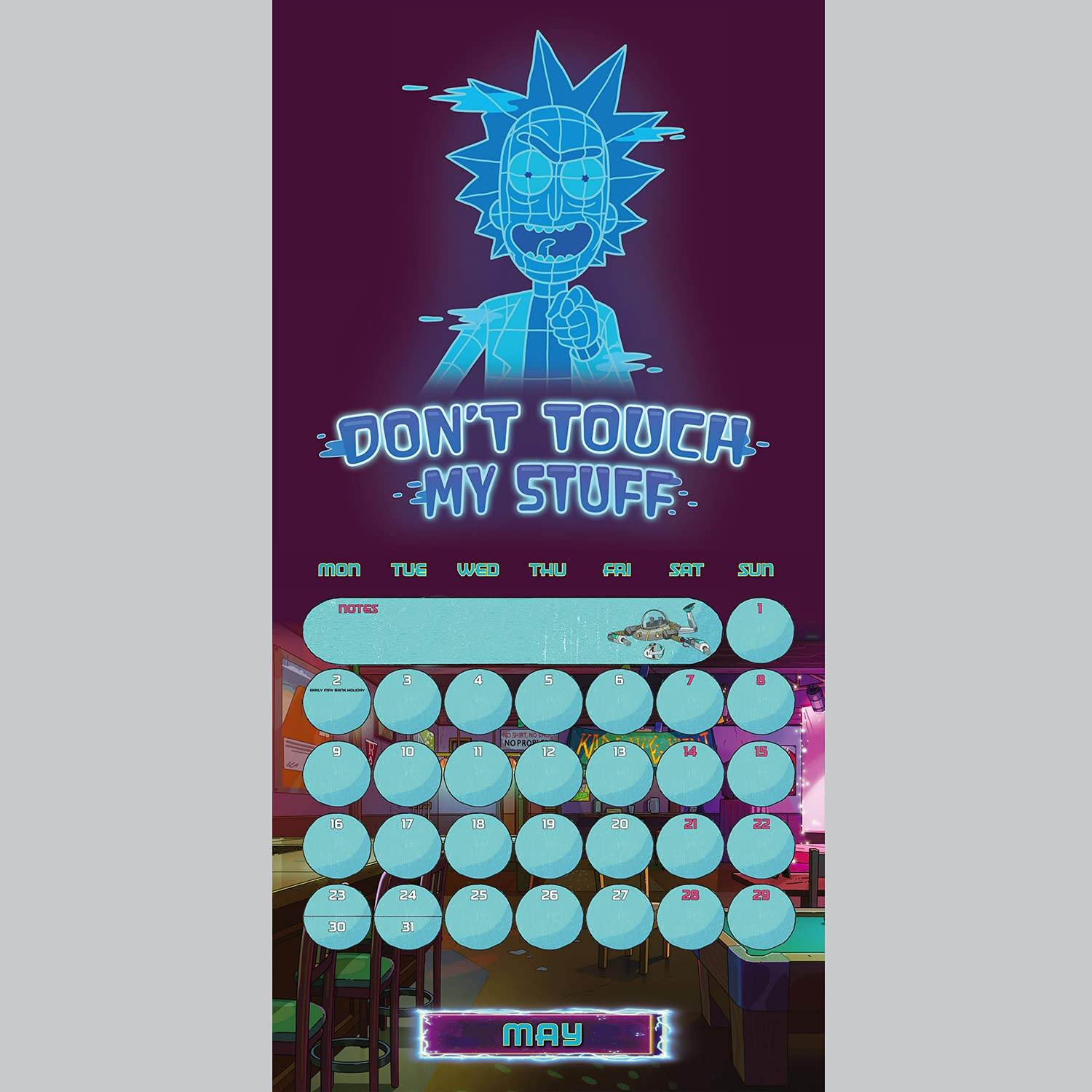 Calendario temático de Rick y Morty con fechas de mayo e imagen de Rick neón.