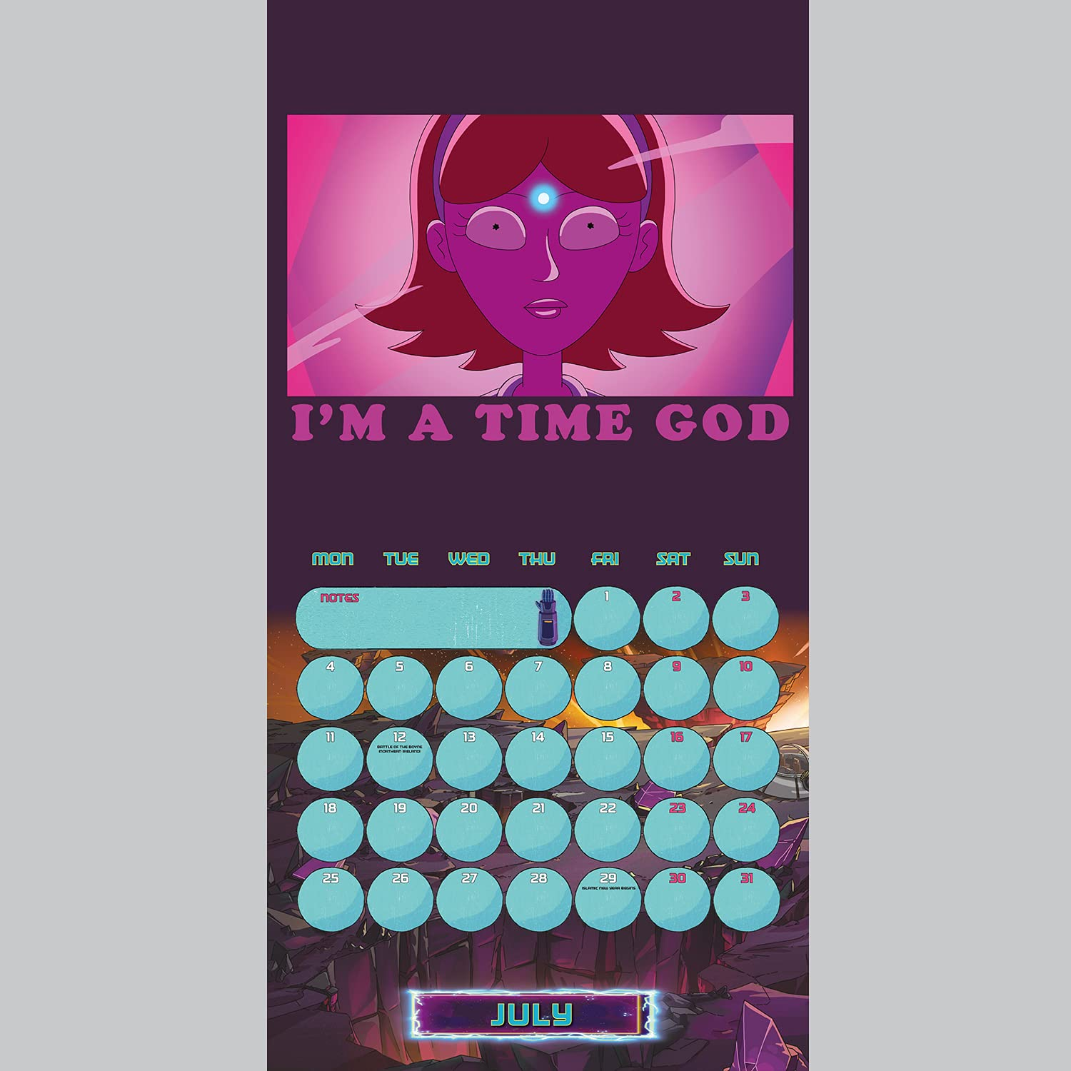 Página del calendario de julio con la obra de arte: I'm a Time God. Las fechas están marcadas con círculos azules.