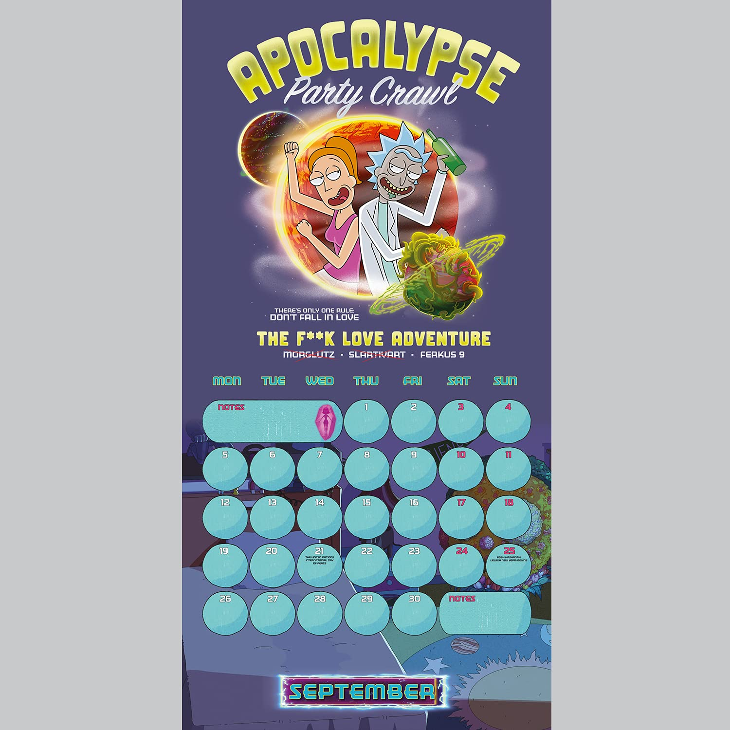 Un calendario con una imagen de dibujos animados de Rick y Morty. Es el mes de septiembre.