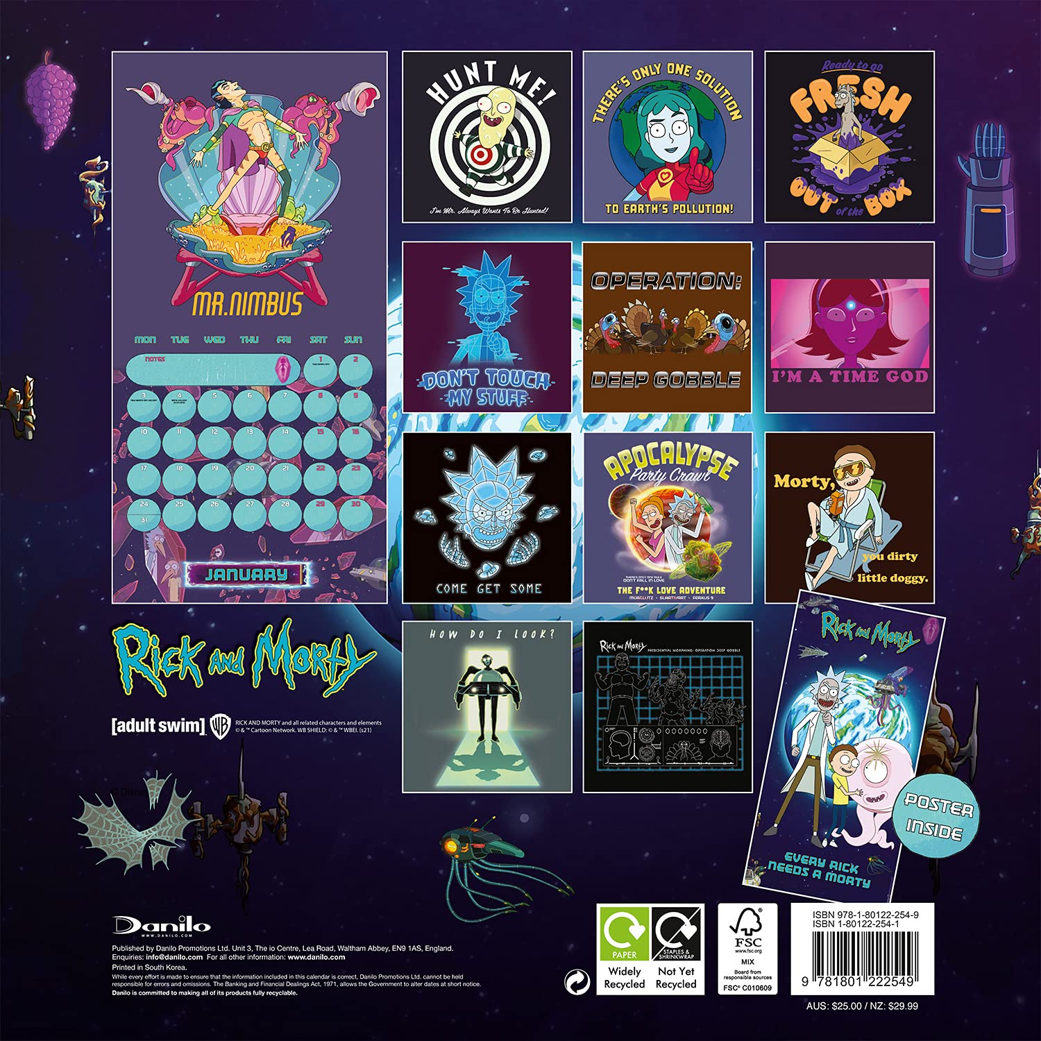 Calendario de Rick y Morty con varias imágenes de dibujos animados y un calendario de enero.