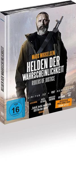 DVD-Cover für 'Helden der Wahrscheinlichkeit' mit Mads Mikkelsen. Es hat eine blaue Altersfreigabe von 16.