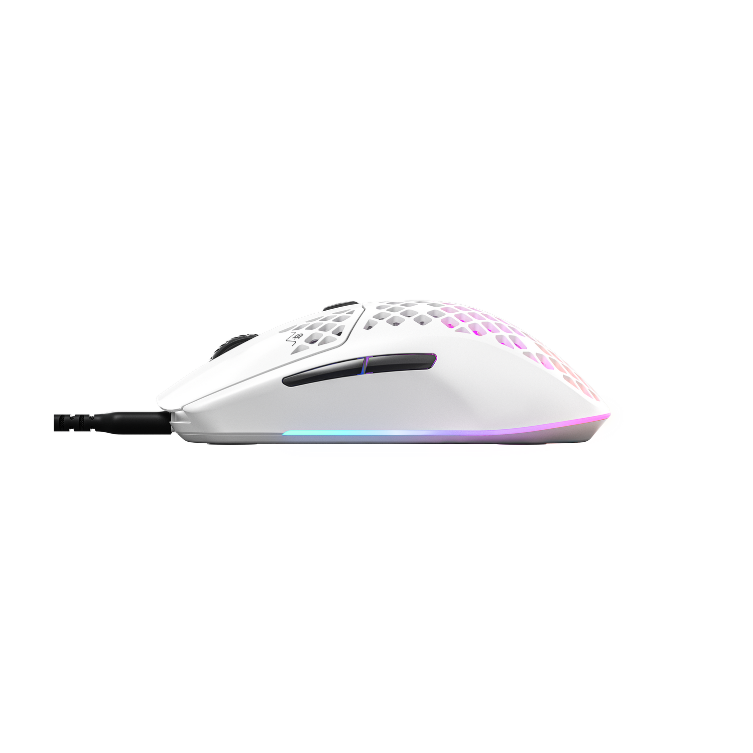 Ratón gaming blanco con un diseño intrincado y luces coloridas alrededor de su base.