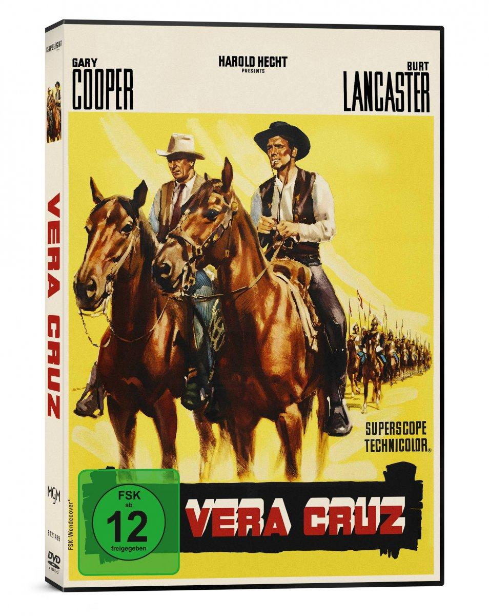 Eine DVD-Hülle mit einem Filmplakat von zwei Männern auf Pferden, mit dem Text 'VERA CRUZ'.