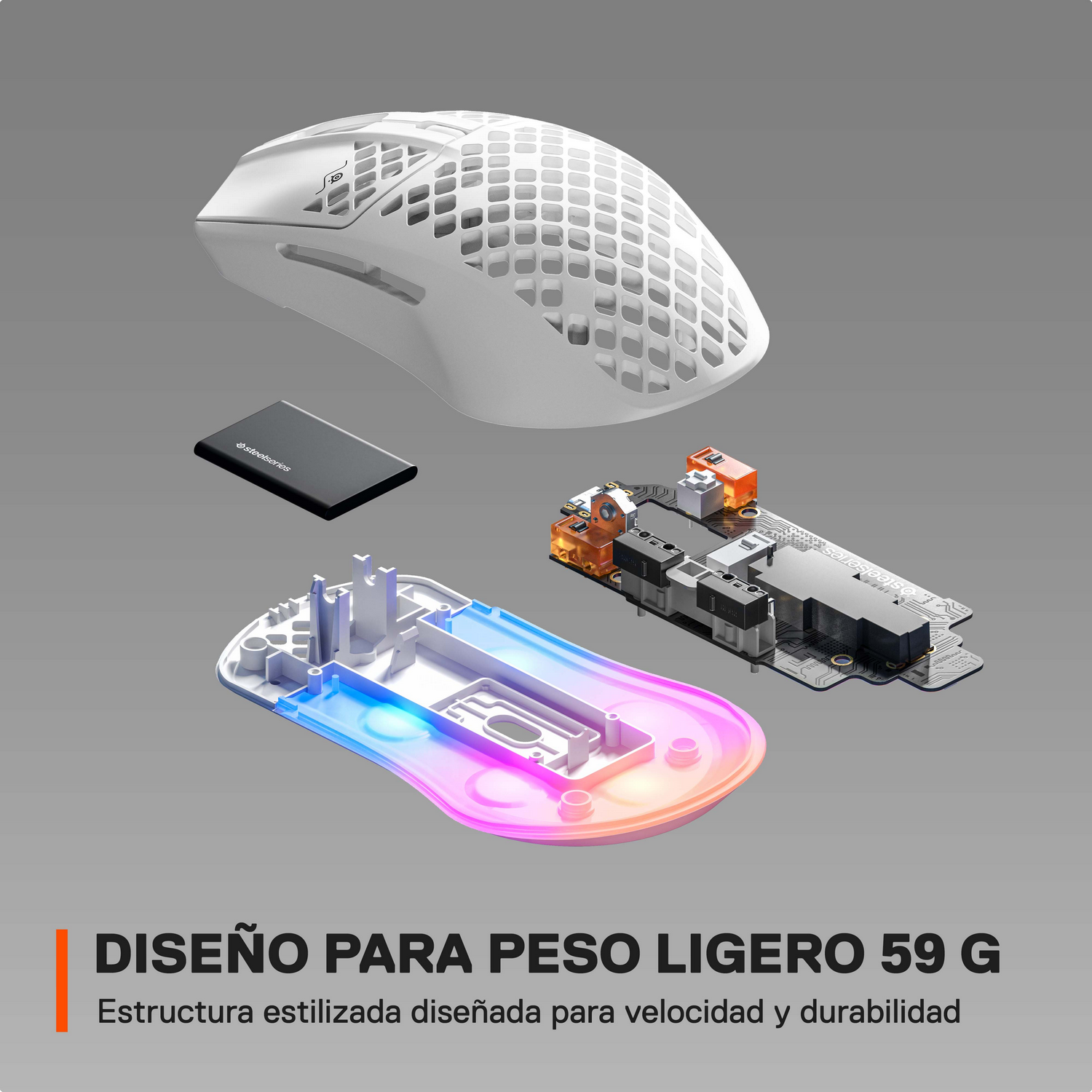 Ratón gaming blanco con diseño perforado.