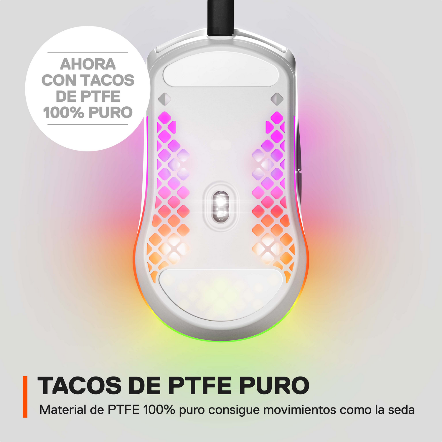 Ratón gaming con luces brillantes. La parte inferior muestra texto sobre almohadillas de PTFE y un cuerpo blanco.