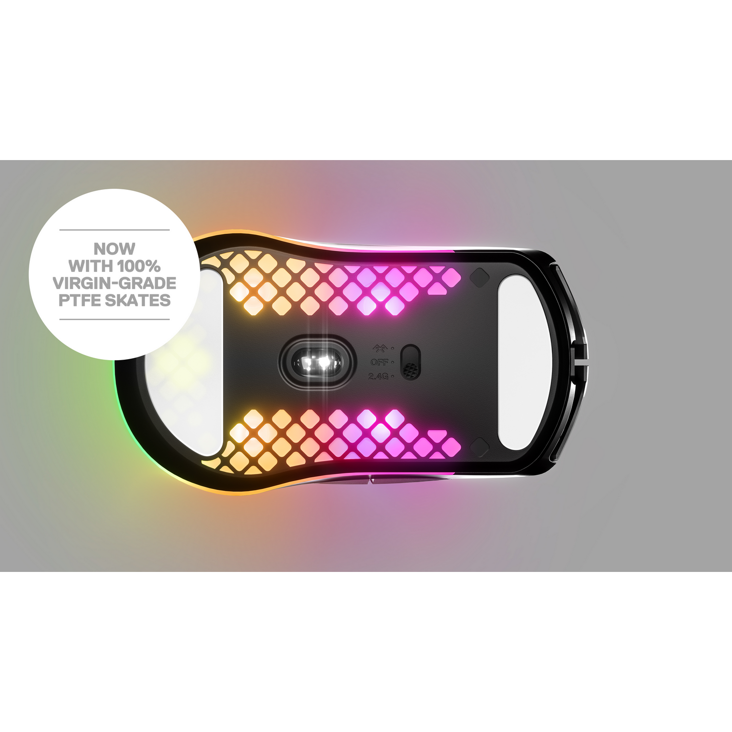 Parte inferior de ratón gaming con luces de colores. Texto: 'NOW WITH 100% VIRGIN-GRADE PTFE SKATES'.
