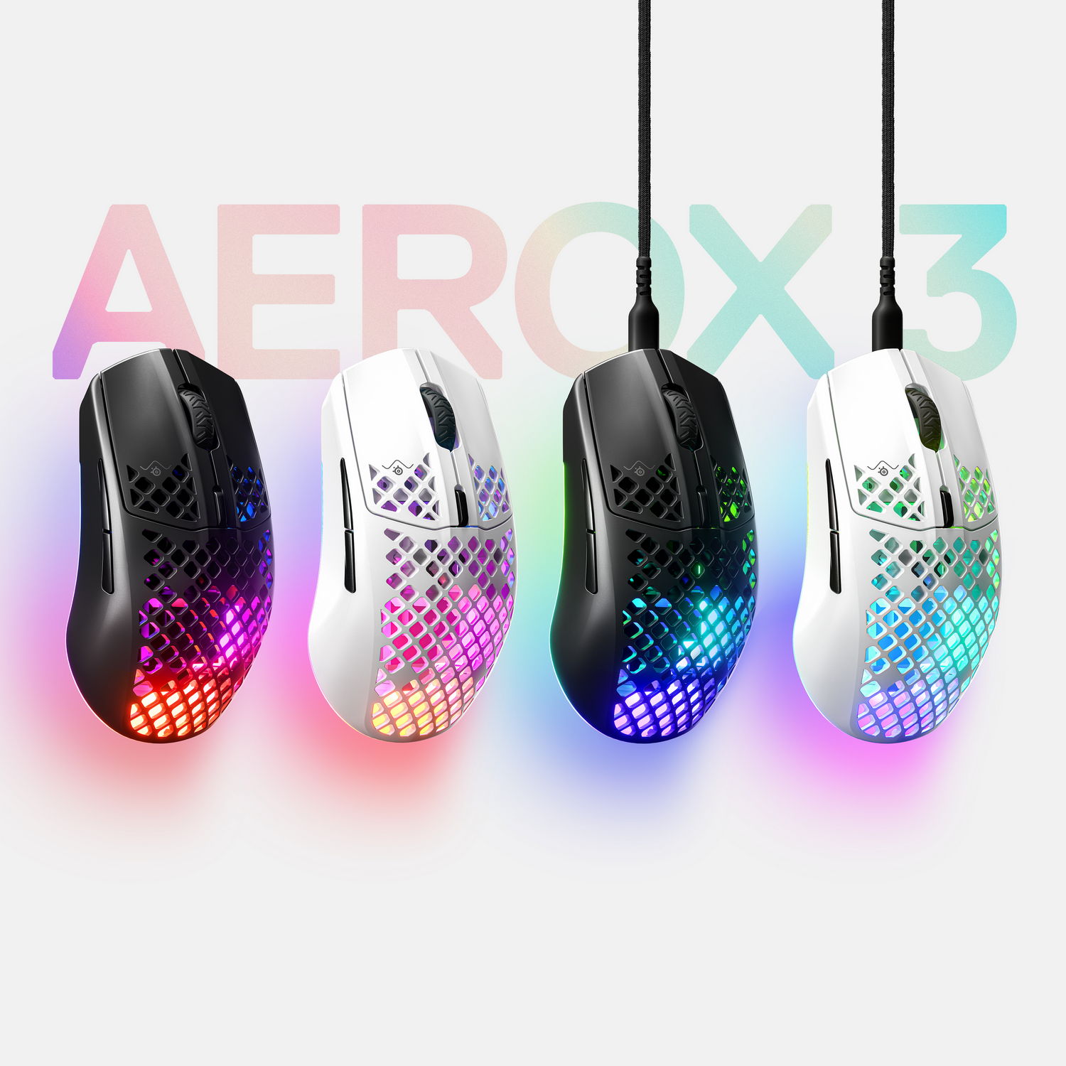 Cuatro ratones gaming, negro y blanco, con luces LED de colores y la palabra 'AEROX 3'.