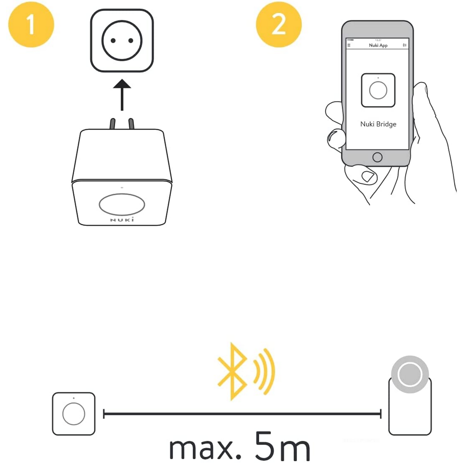Configuración de cerradura inteligente Nuki. Pasos: enchufar Nuki, conectar con app y Bluetooth.