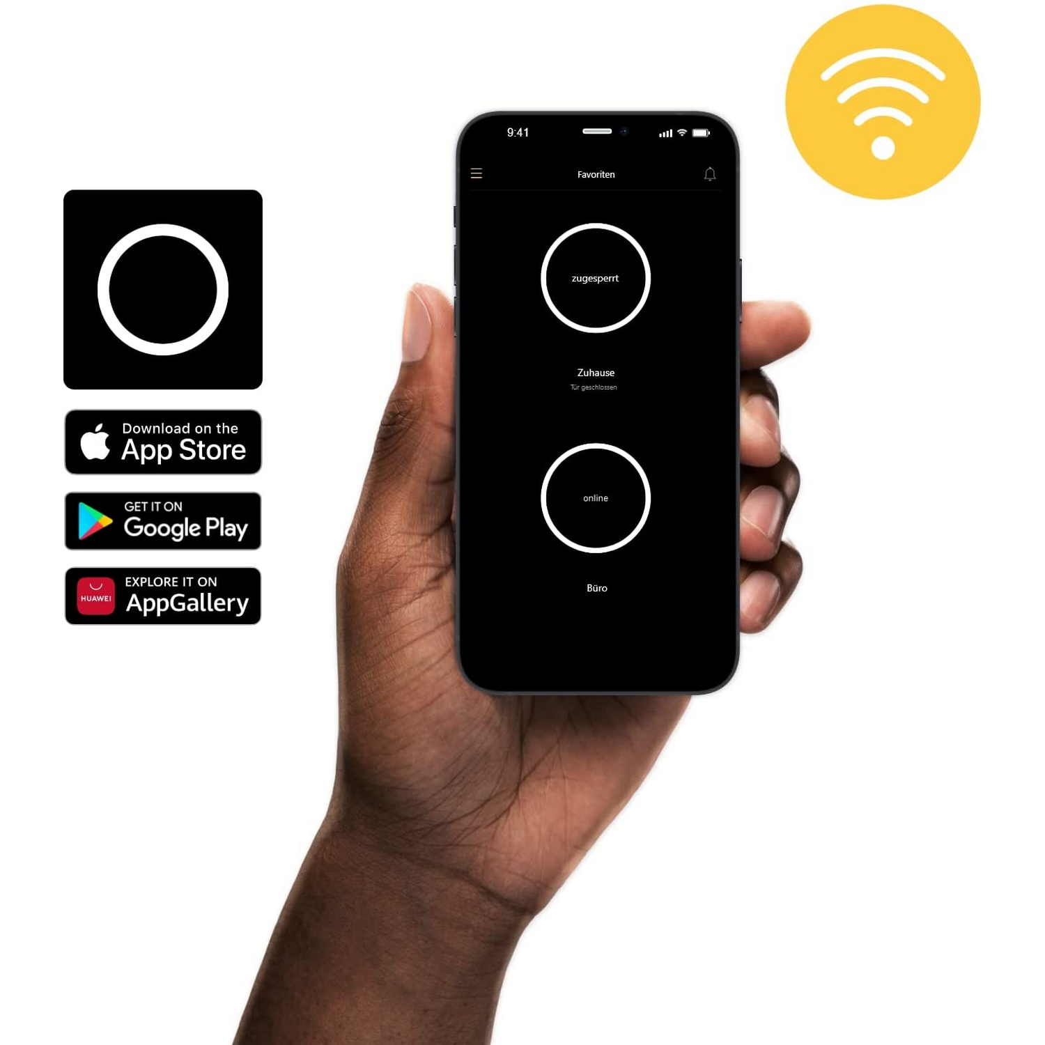 Una mano sosteniendo un teléfono con una interfaz de aplicación. Símbolo Wifi visible arriba.