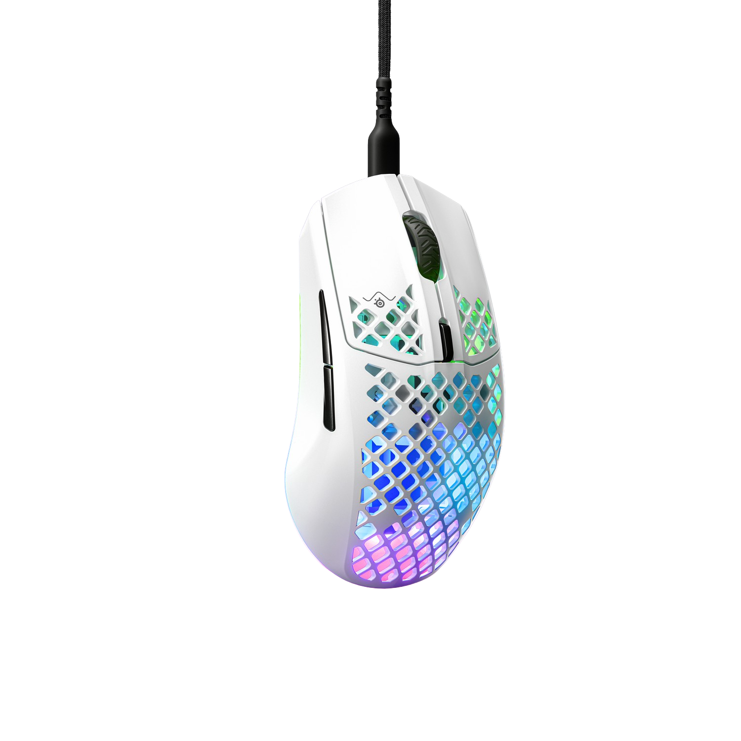 Ratón gaming blanco con diseño de panal. Tiene iluminación RGB y un cable negro conectado.