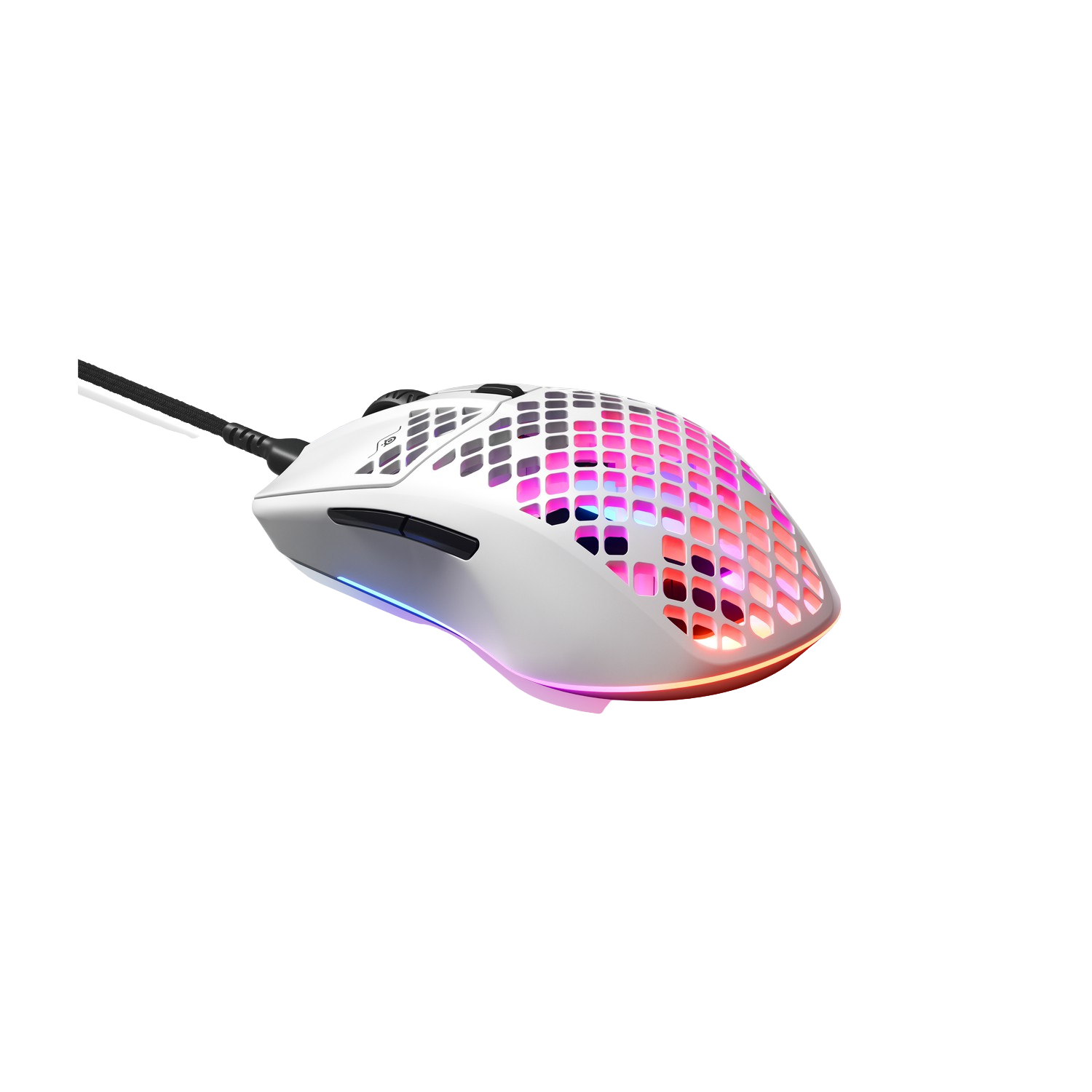 Un ratón gaming blanco con diseño de malla, con luces coloridas.