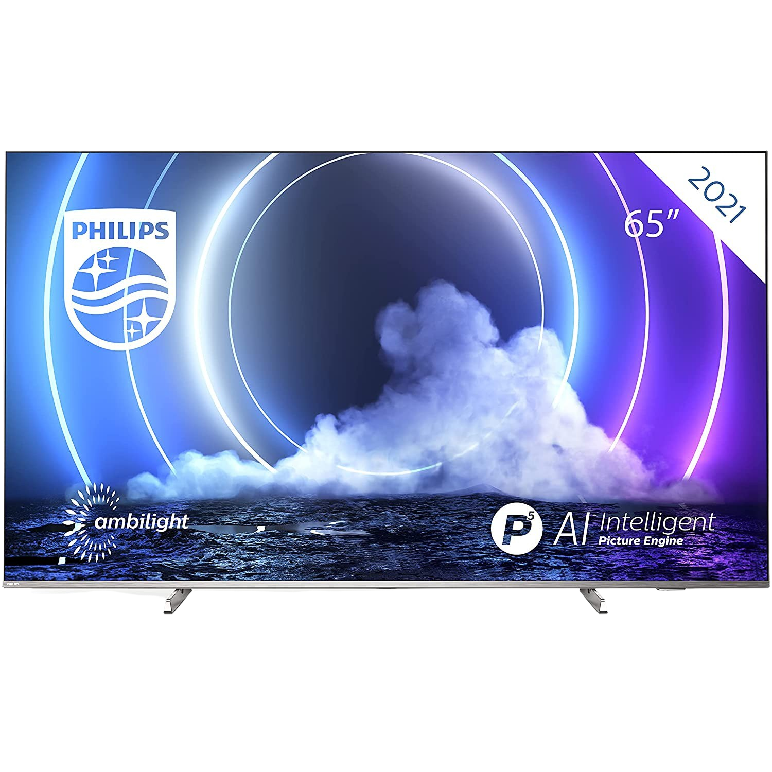 Philips-Fernseher: ein Großbildfernseher mit leuchtendem violettem Licht und dem Philips-Logo.