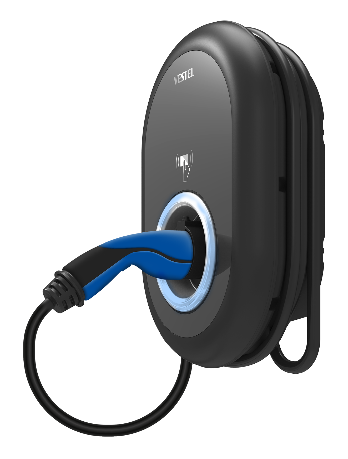 Schwarzes Vestel-Ladegerät für Elektrofahrzeuge mit blauem Ladekabel und Stecker.