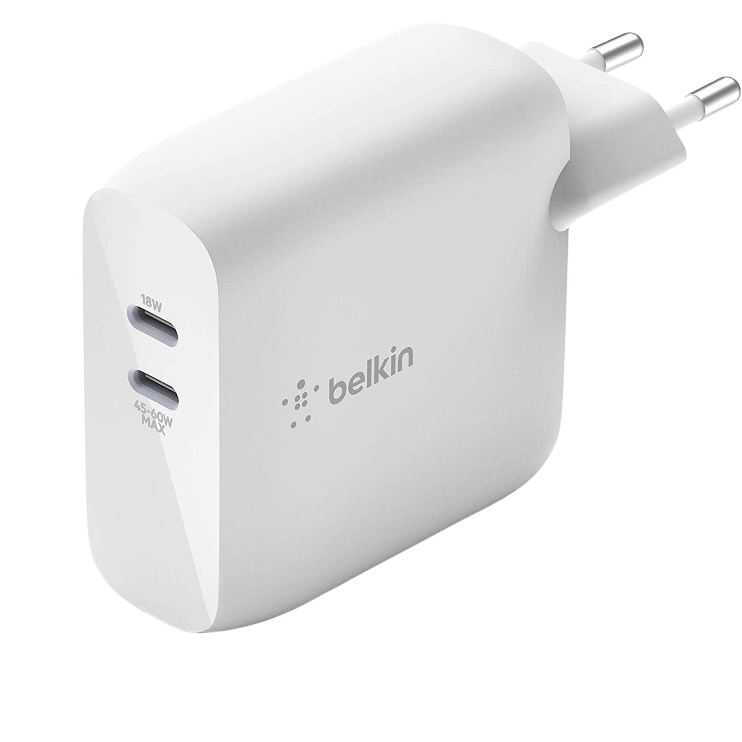 Cargador de pared - Belkin WCH003VFWH, Universal, 2 puertos USB, Carga rápida 63 W, Nitruro de galio, Blanco