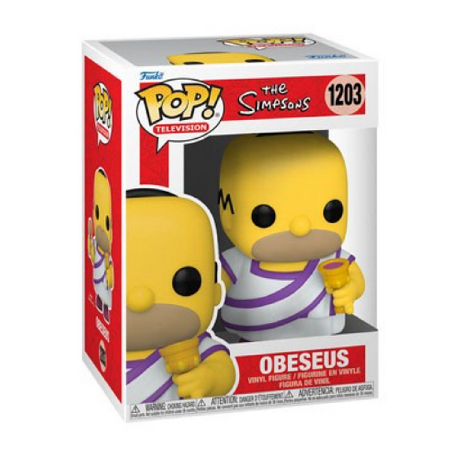 Una figura Funko Pop de 'Obeseus' de Los Simpson en su embalaje. Se muestra a Homer.