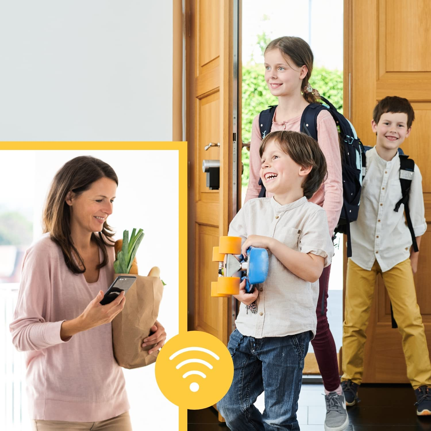 Una mujer mirando su teléfono mientras los niños están en la puerta. Símbolo WiFi a la izquierda, familia en el fondo.