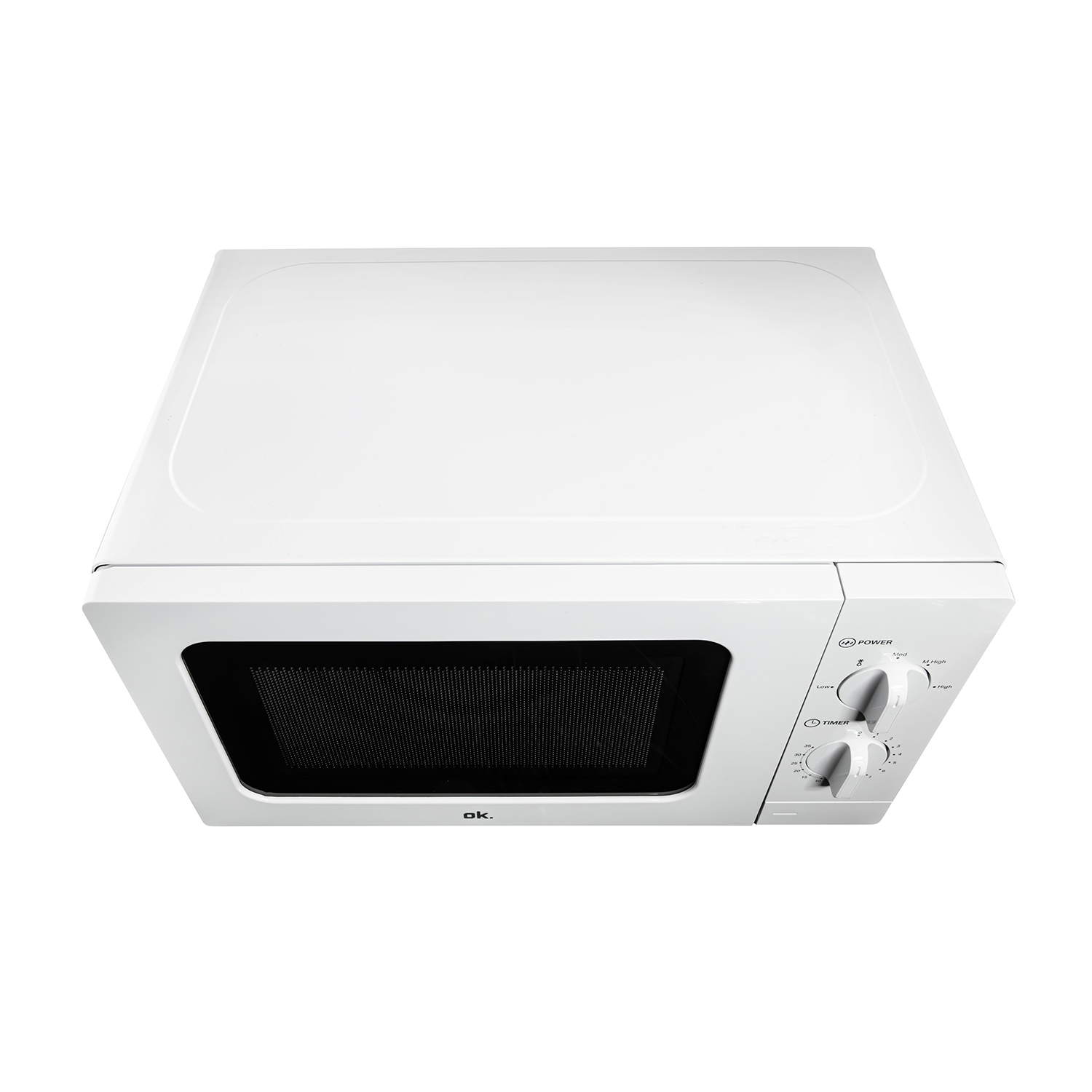 Forno a microonde bianco. Ha un pannello di controllo con timer e impostazioni di potenza, visto dall'alto.