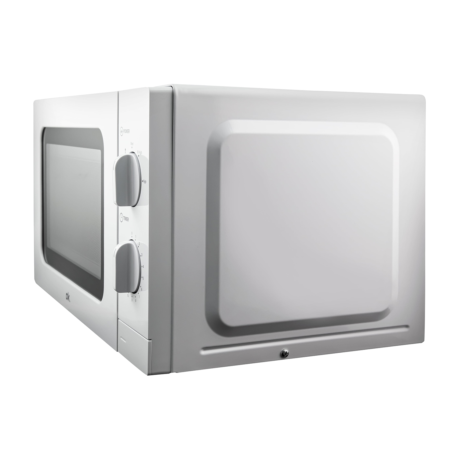 Un forno a microonde bianco con una porta e manopole di controllo sul lato destro.