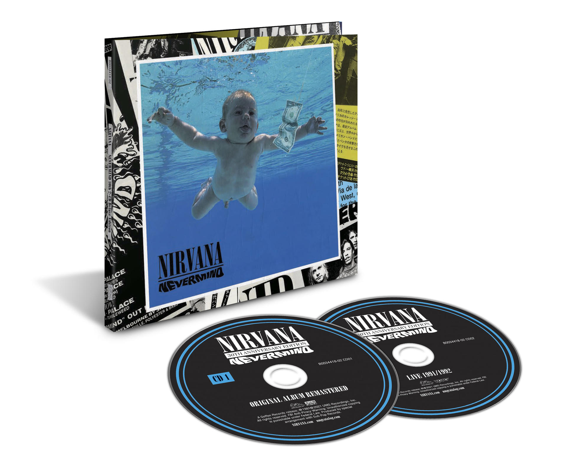 Albumcover mit einem Baby unter Wasser und Nirvana-Logo.