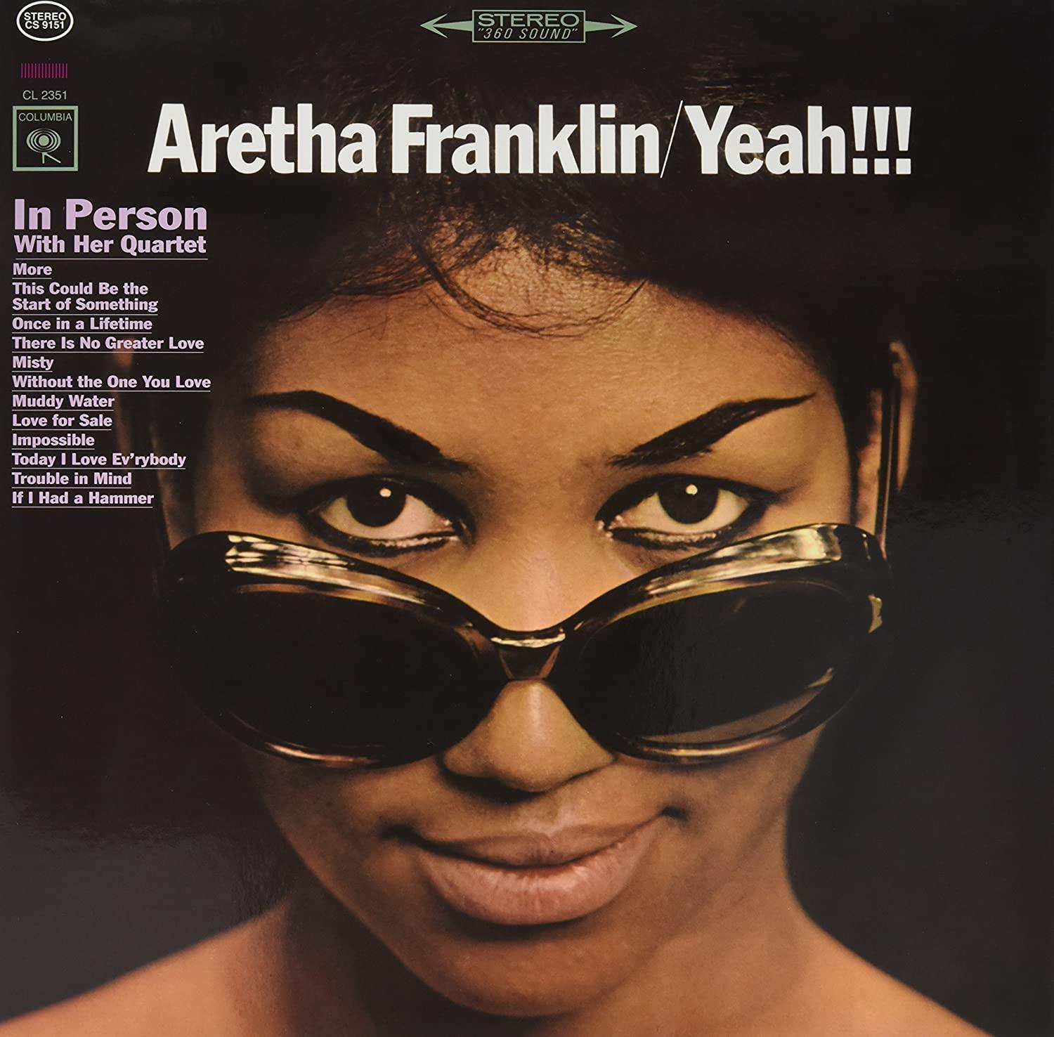 Album borító: Aretha Franklin napszemüvegben. Cím: "Aretha Franklin / Yeah!!!" és "In Person". Az album számok listája alul.