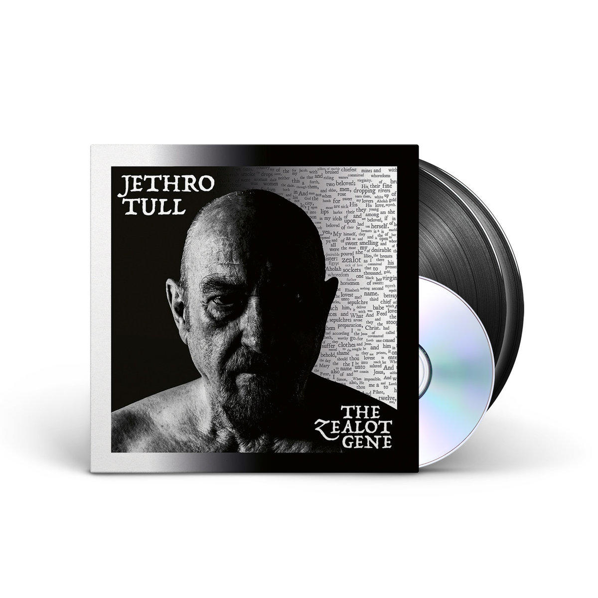 Jethro Tull Albumcover: Schwarzweißfoto eines Mannes. Eine CD und eine schwarze Schallplatte sind sichtbar.
