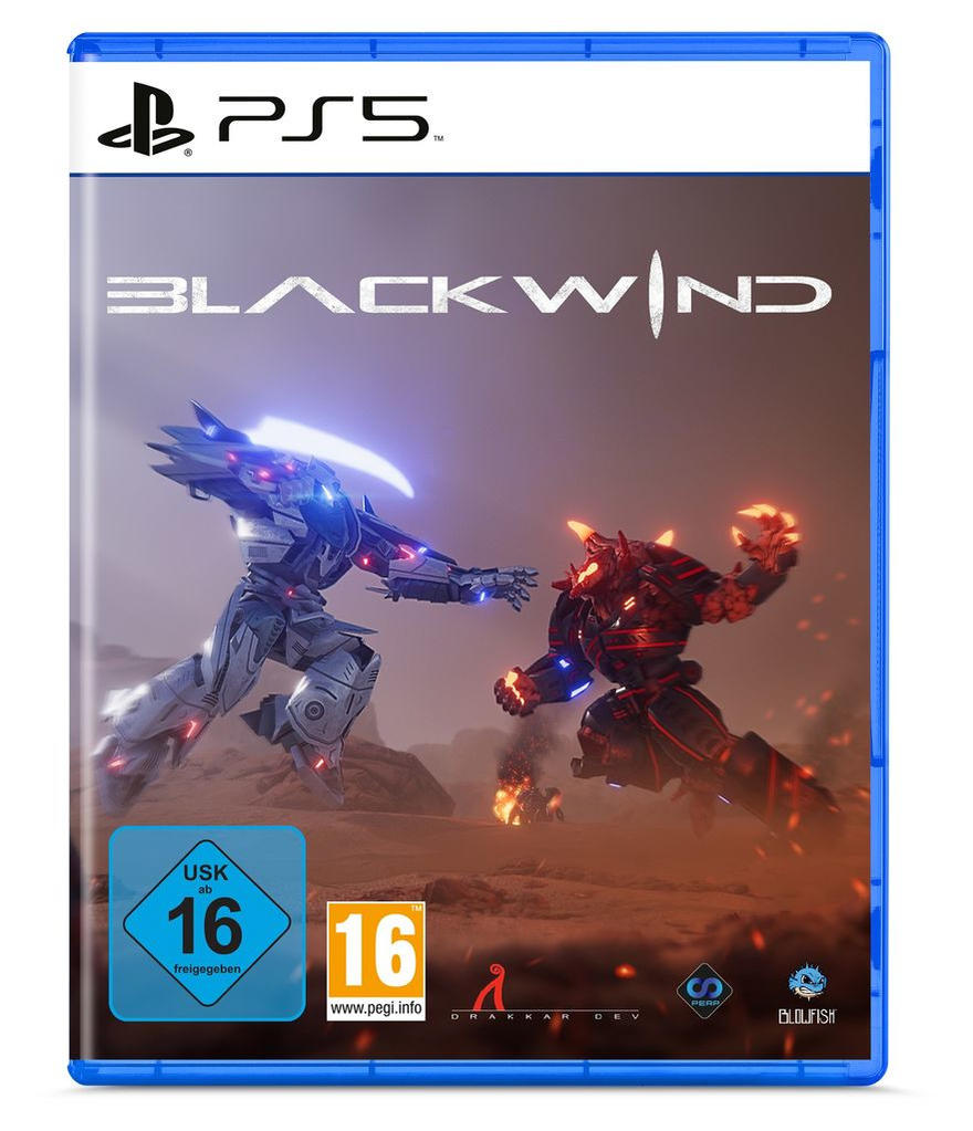 Spielcover für Blackwind auf PS5. Zeigt zwei gepanzerte Figuren im Kampf, vor einer braunen, trostlosen Landschaft.